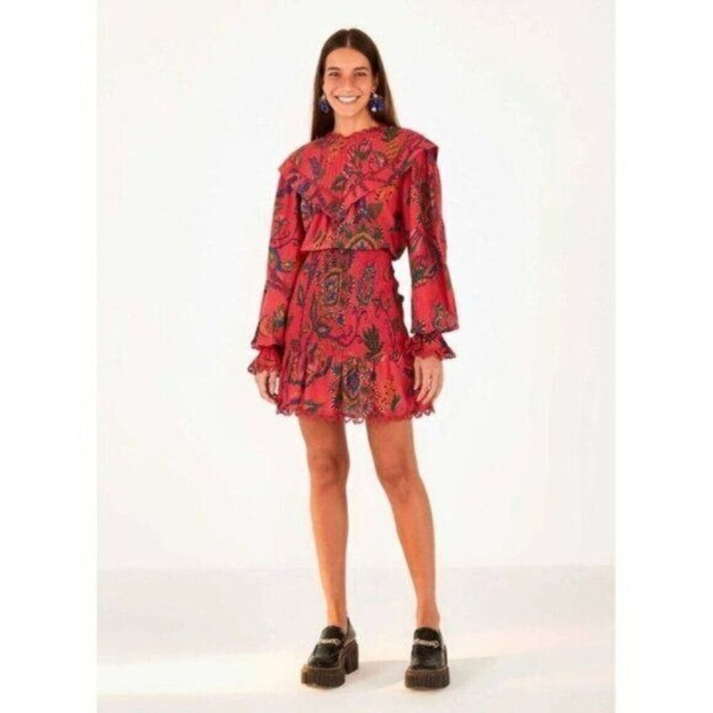 FARM Rio Mini Dress M  Tapestry Tropical Smocked Ruffle…Blush Pink Sunset - Picture 16 of 16